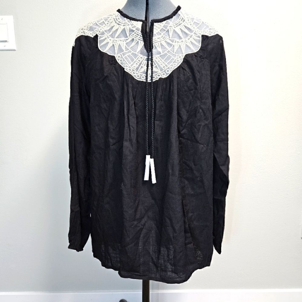 David Miester Peasant Style Blouse Tunic Lace Tassels Women's Medium